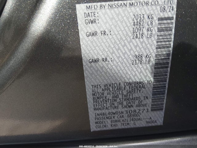46030214 :رقم المزاد ، 1N4BL4DW0SN308271 vin ، 2025 Nissan Altima Sv Awd مزاد بيع