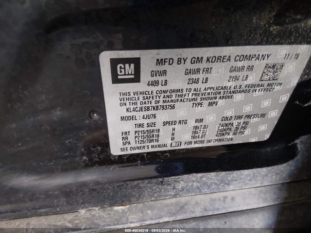 2019 Buick Encore Awd Preferred მანქანა იყიდება აუქციონზე, vin: KL4CJESB7KB793756, აუქციონის ნომერი: 46030219