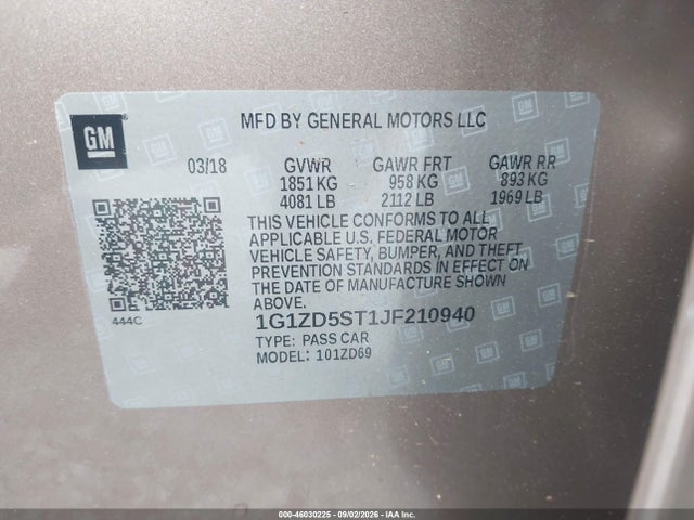46030225 :رقم المزاد ، 1G1ZD5ST1JF210940 vin ، 2018 Chevrolet Malibu Lt مزاد بيع