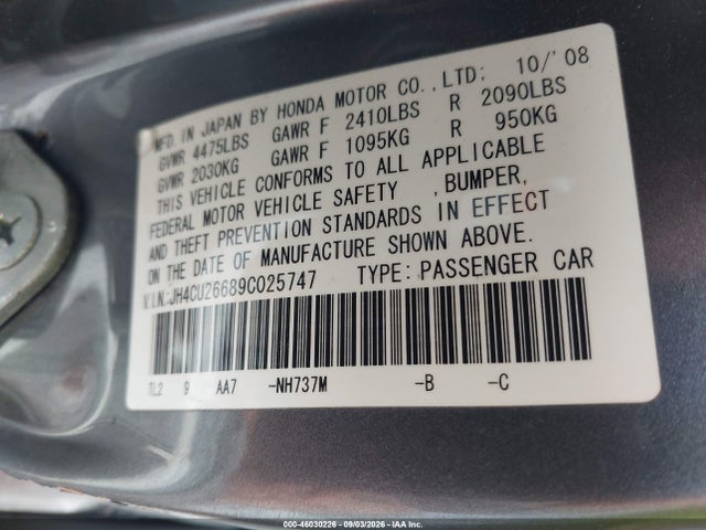 2009 Acura Tsx მანქანა იყიდება აუქციონზე, vin: JH4CU26689C025747, აუქციონის ნომერი: 46030226