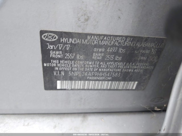 Aukcja sprzedaży 2017 Hyundai Sonata, vin: 5NPE24AF9HH547583, numer aukcji: 46030236
