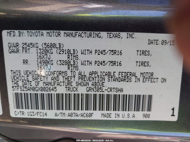 Продажа на аукционе авто 2016 Toyota Tacoma Sr5 V6, vin: 5TFSZ5AN0GX002645, номер лота: 46030238