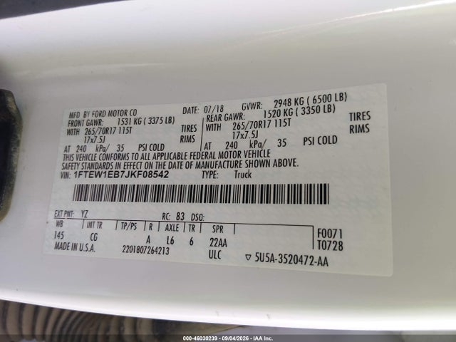 46030239 :رقم المزاد ، 1FTEW1EB7JKF08542 vin ، 2018 Ford F-150 Xl مزاد بيع