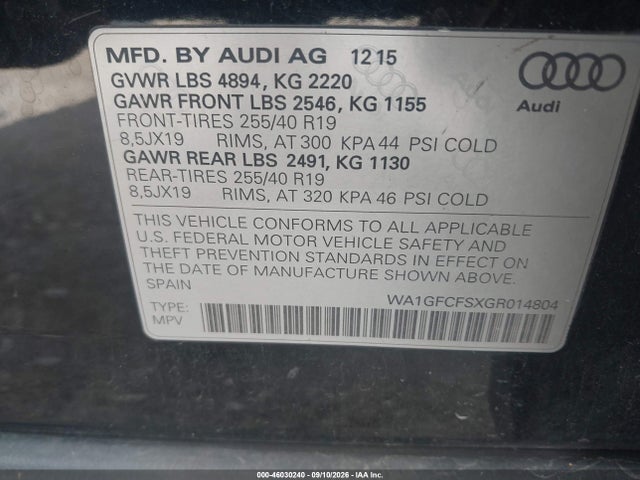 Aukcja sprzedaży 2016 Audi Q3 2.0t Premium Plus, vin: WA1GFCFSXGR014804, numer aukcji: 46030240