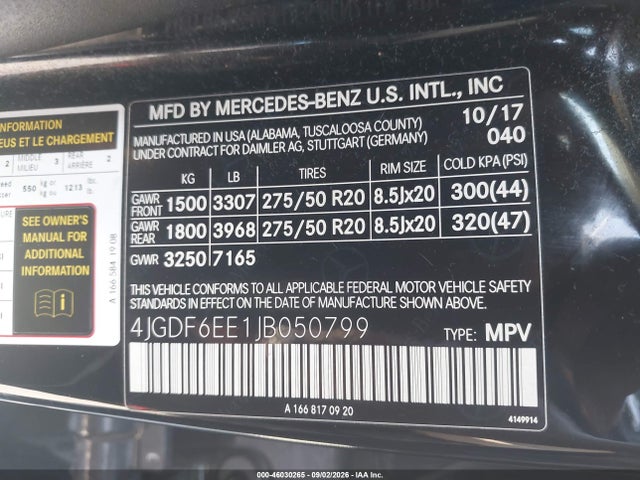 46030265 :رقم المزاد ، 4JGDF6EE1JB050799 vin ، 2018 Mercedes-benz Gls 450 4matic مزاد بيع