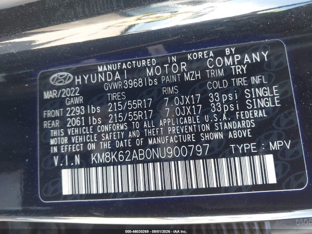 46030269 :رقم المزاد ، KM8K62AB0NU900797 vin ، 2022 Hyundai Kona Sel مزاد بيع