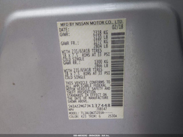 Продажа на аукционе авто 2018 Nissan Murano Sv, vin: 5N1AZ2MG7JN137448, номер лота: 46030292
