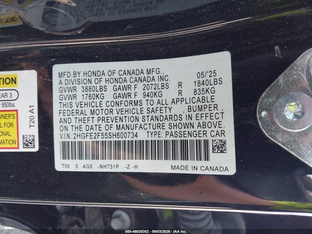 Продаж на аукціоні авто 2025 Honda Civic Sport, vin: 2HGFE2F55SH600734, номер лоту: 46030302