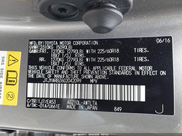 Aukcja sprzedaży 2016 Lexus Nx 200t, vin: JTJYARBZ6G2042099, numer aukcji: 46030311