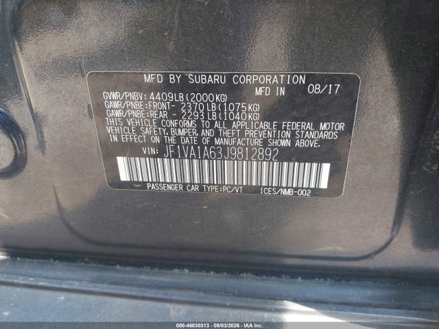 2018 Subaru Wrx მანქანა იყიდება აუქციონზე, vin: JF1VA1A63J9812892, აუქციონის ნომერი: 46030313