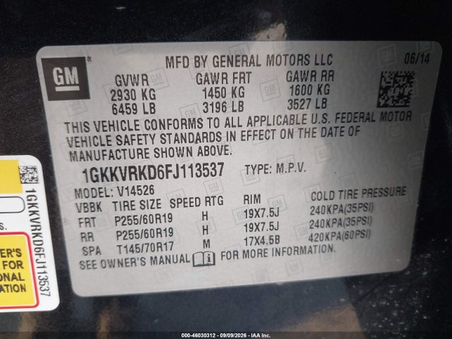 46030312 :رقم المزاد ، 1GKKVRKD6FJ113537 vin ، 2015 Gmc Acadia Slt-1 مزاد بيع