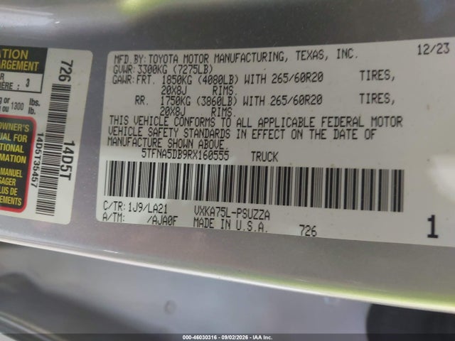 Aukcja sprzedaży 2024 Toyota Tundra Platinum, vin: 5TFNA5DB9RX160555, numer aukcji: 46030316