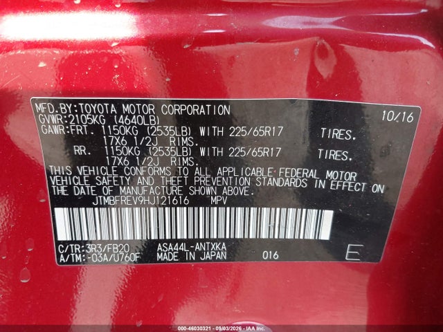 46030321 :رقم المزاد ، JTMBFREV9HJ121616 vin ، 2017 Toyota Rav4 Le مزاد بيع