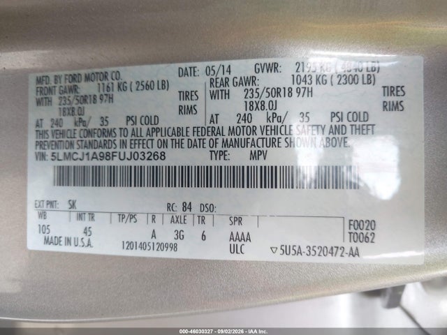 Продажа на аукционе авто 2015 Lincoln Mkc, vin: 5LMCJ1A98FUJ03268, номер лота: 46030327