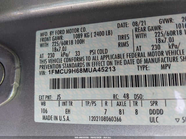 Aukcja sprzedaży 2021 Ford Escape Sel, vin: 1FMCU9H68MUA45213, numer aukcji: 46030356