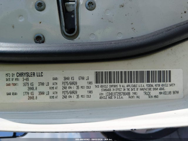 2009 Dodge Ram 1500 მანქანა იყიდება აუქციონზე, vin: 1D3HB18T29S786488, აუქციონის ნომერი: 46030362