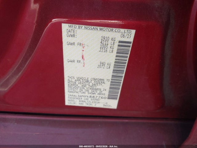Продажа на аукционе авто 2015 Nissan Altima 2.5 Sl, vin: 1N4AL3AP4FN887760, номер лота: 46030372