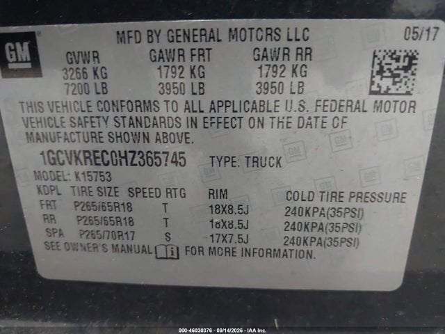 Продаж на аукціоні авто 2017 Chevrolet Silverado 1500 Lt, vin: 1GCVKREC0HZ365745, номер лоту: 46030376