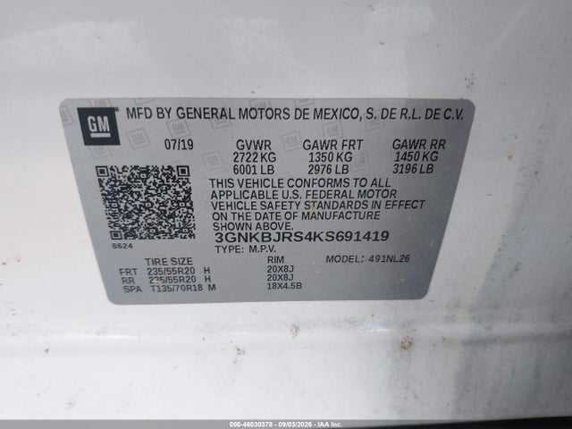 Aukcja sprzedaży 2019 Chevrolet Blazer Rs, vin: 3GNKBJRS4KS691419, numer aukcji: 46030378