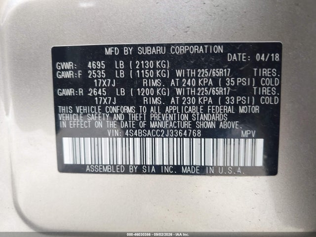 Продаж на аукціоні авто 2018 Subaru Outback 2.5i Premium, vin: 4S4BSACC2J3364768, номер лоту: 46030386