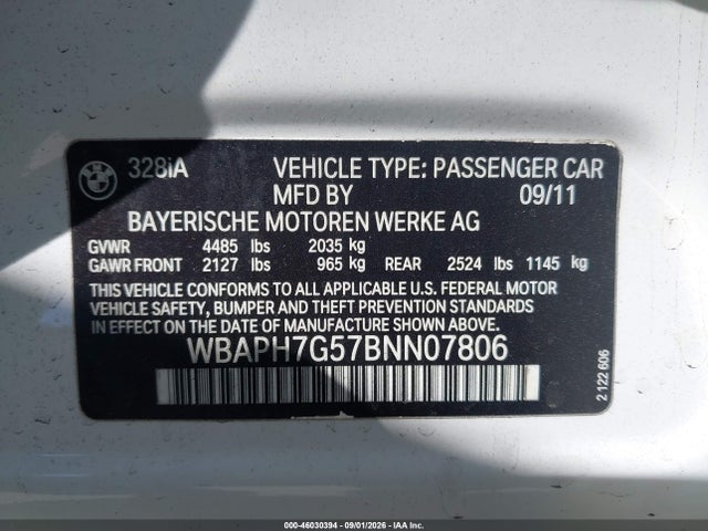 46030394 :رقم المزاد ، WBAPH7G57BNN07806 vin ، 2011 Bmw 328i مزاد بيع