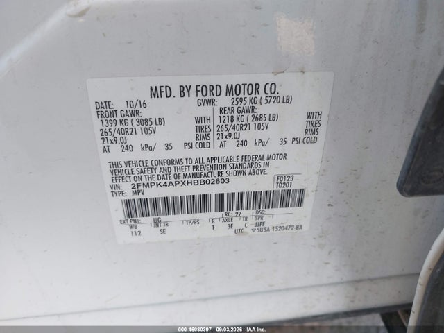 Продаж на аукціоні авто 2017 Ford Edge Sport, vin: 2FMPK4APXHBB02603, номер лоту: 46030397