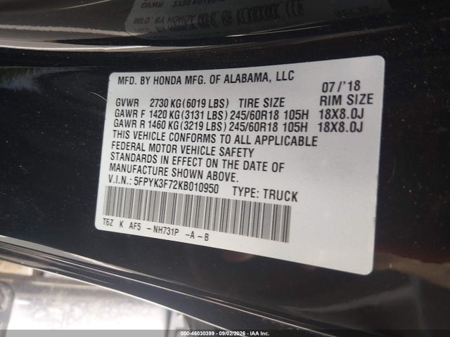 46030399 :رقم المزاد ، 5FPYK3F72KB010950 vin ، 2019 Honda Ridgeline Rtl-e مزاد بيع