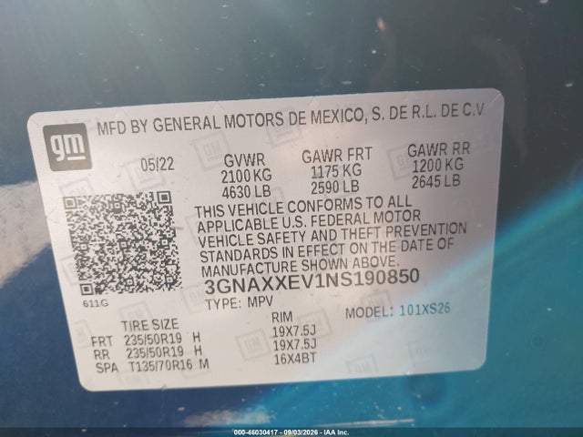 Продаж на аукціоні авто 2022 Chevrolet Equinox Awd Premier, vin: 3GNAXXEV1NS190850, номер лоту: 46030417