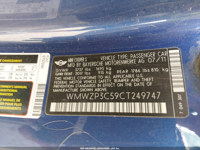 Продаж на аукціоні авто 2012 Mini Cooper S, vin: WMWZP3C59CT249747, номер лоту: 46030419