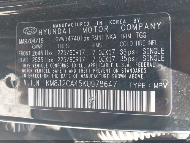 Aukcja sprzedaży 2019 Hyundai Tucson Se, vin: KM8J2CA45KU978647, numer aukcji: 46030424