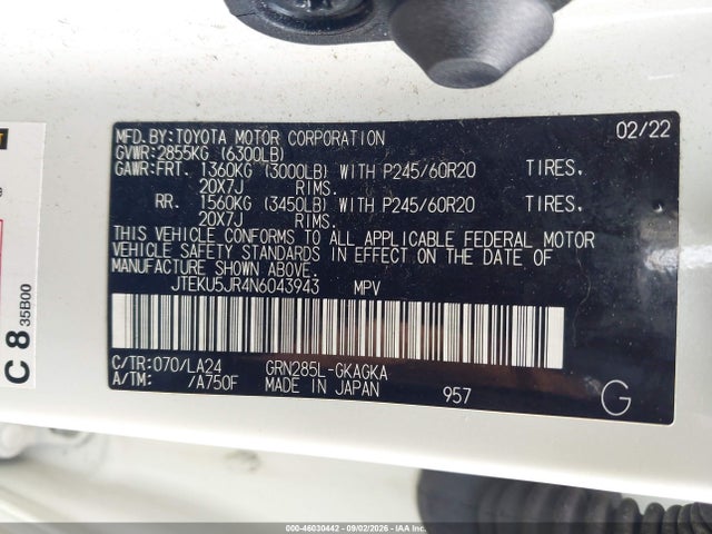 46030442 :رقم المزاد ، JTEKU5JR4N6043943 vin ، 2022 Toyota 4runner Limited مزاد بيع