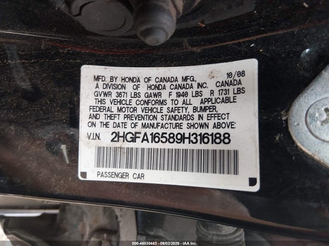 2009 Honda Civic Lx მანქანა იყიდება აუქციონზე, vin: 2HGFA16589H316188, აუქციონის ნომერი: 46030443
