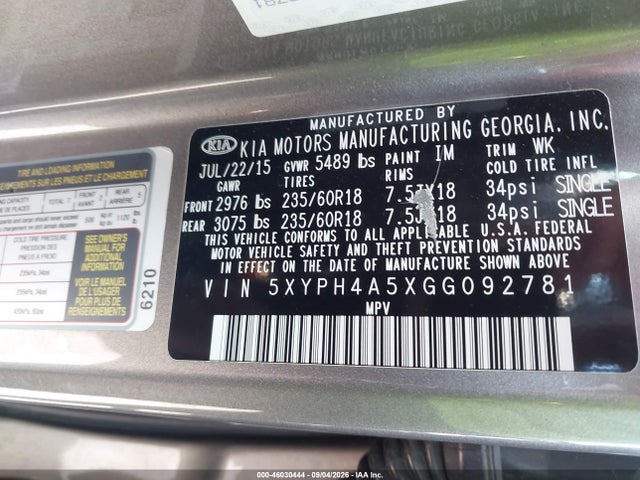 Aukcja sprzedaży 2016 Kia Sorento 3.3l Ex, vin: 5XYPH4A5XGG092781, numer aukcji: 46030444