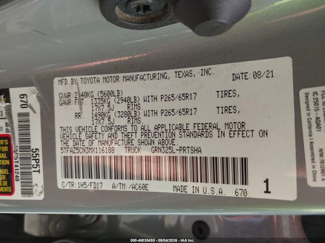 Продажа на аукционе авто 2021 Toyota Tacoma Trd Sport, vin: 5TFAZ5CN3MX116188, номер лота: 46030455