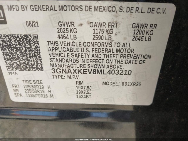 2021 Chevrolet Equinox Fwd Lt მანქანა იყიდება აუქციონზე, vin: 3GNAXKEV8ML403210, აუქციონის ნომერი: 46030461