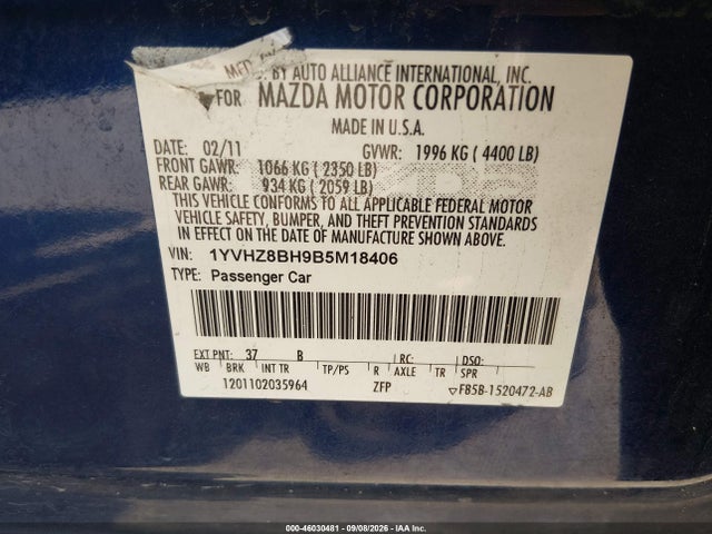 46030481 :رقم المزاد ، 1YVHZ8BH9B5M18406 vin ، 2011 Mazda Mazda6 I Sport مزاد بيع