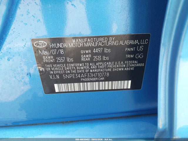 46030482 :رقم المزاد ، 5NPE34AF3JH710778 vin ، 2018 Hyundai Sonata Sel+ مزاد بيع