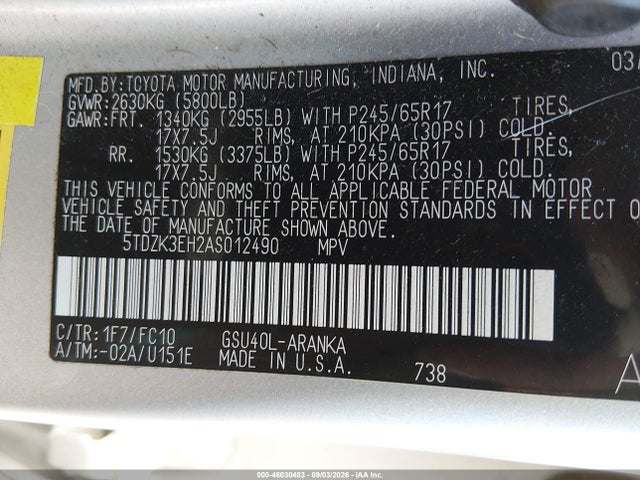 46030483 :رقم المزاد ، 5TDZK3EH2AS012490 vin ، 2010 Toyota Highlander Base V6 مزاد بيع