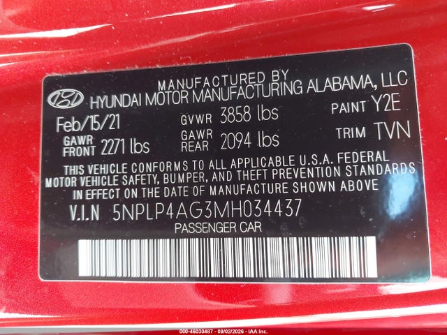 46030487 :رقم المزاد ، 5NPLP4AG3MH034437 vin ، 2021 Hyundai Elantra Limited مزاد بيع