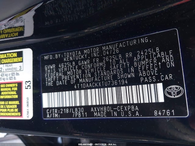 4T1DAACKXTU736194 Toyota CAMRY XSE