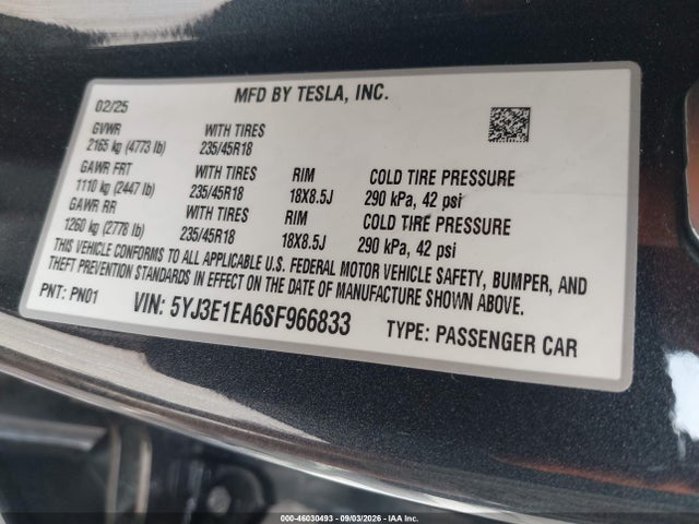 Продаж на аукціоні авто 2025 Tesla Model 3 Long Range Rear-wheel Drive/standard Rear-wheel Drive, vin: 5YJ3E1EA6SF966833, номер лоту: 46030493