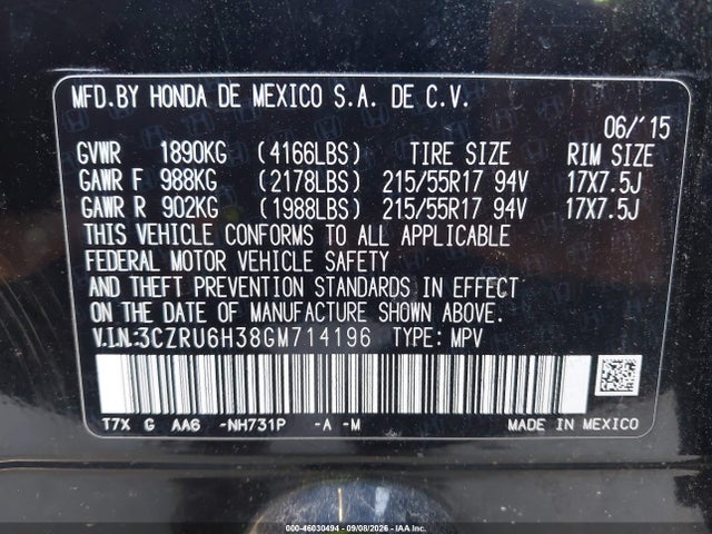 Продаж на аукціоні авто 2016 Honda Hr-v Lx, vin: 3CZRU6H38GM714196, номер лоту: 46030494