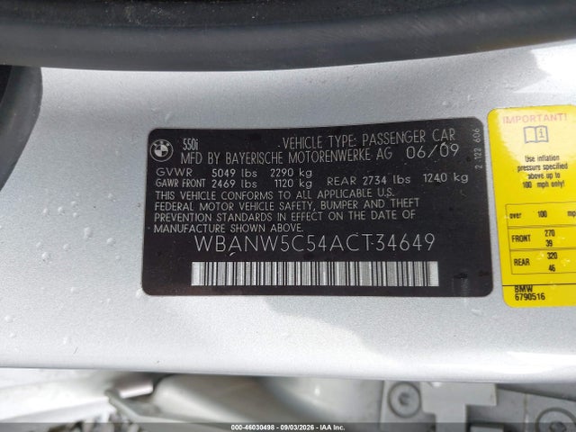 Продажа на аукционе авто 2010 Bmw 550i, vin: WBANW5C54ACT34649, номер лота: 46030498