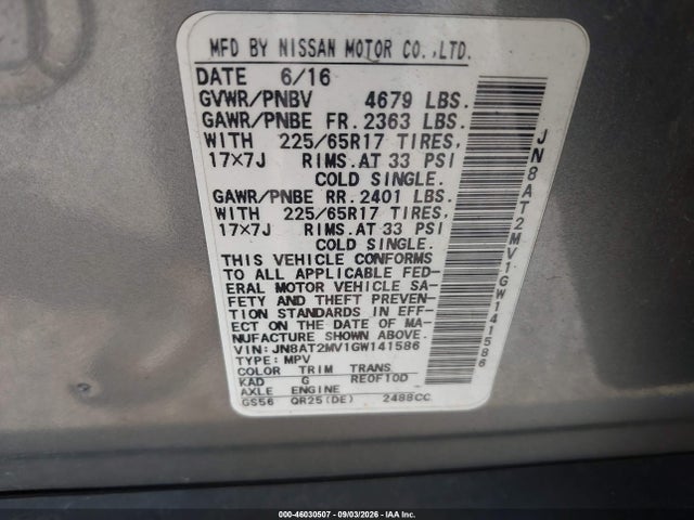 Nissan ROGUE S 2016 JN8AT2MV1GW141586 Image 9