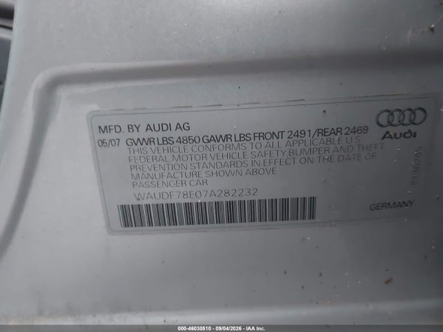 Продажа на аукционе авто 2007 Audi A4 2.0t, vin: WAUDF78E07A282232, номер лота: 46030510