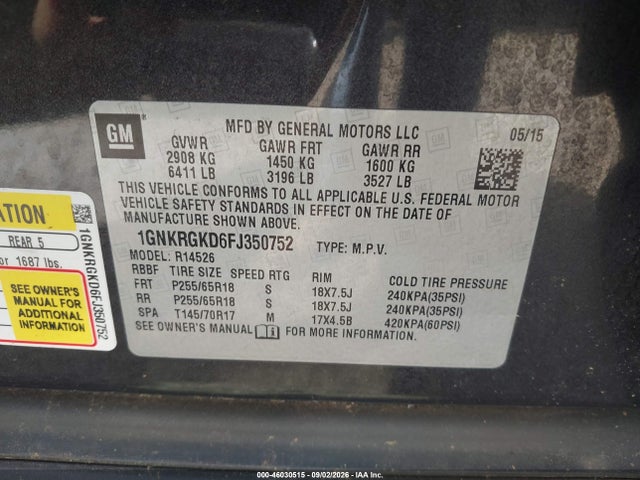 2015 Chevrolet Traverse Lt მანქანა იყიდება აუქციონზე, vin: 1GNKRGKD6FJ350752, აუქციონის ნომერი: 46030515