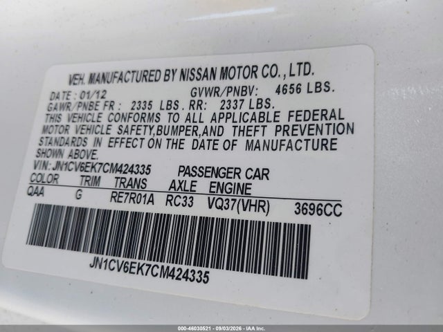 46030521 :رقم المزاد ، JN1CV6EK7CM424335 vin ، 2012 Infiniti G37 Journey مزاد بيع