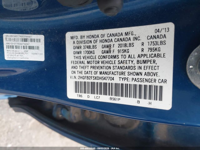 Продаж на аукціоні авто 2013 Honda Civic Lx, vin: 2HGFB2F5XDH547704, номер лоту: 46030549