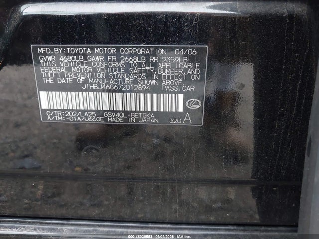 46030553 :رقم المزاد ، JTHBJ46G672012894 vin ، 2007 Lexus Es 350 مزاد بيع