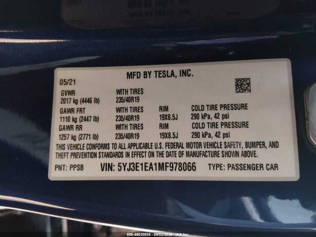 Aukcja sprzedaży 2021 Tesla Model 3 Standard Range Plus Rear-wheel Drive, vin: 5YJ3E1EA1MF978066, numer aukcji: 46030555